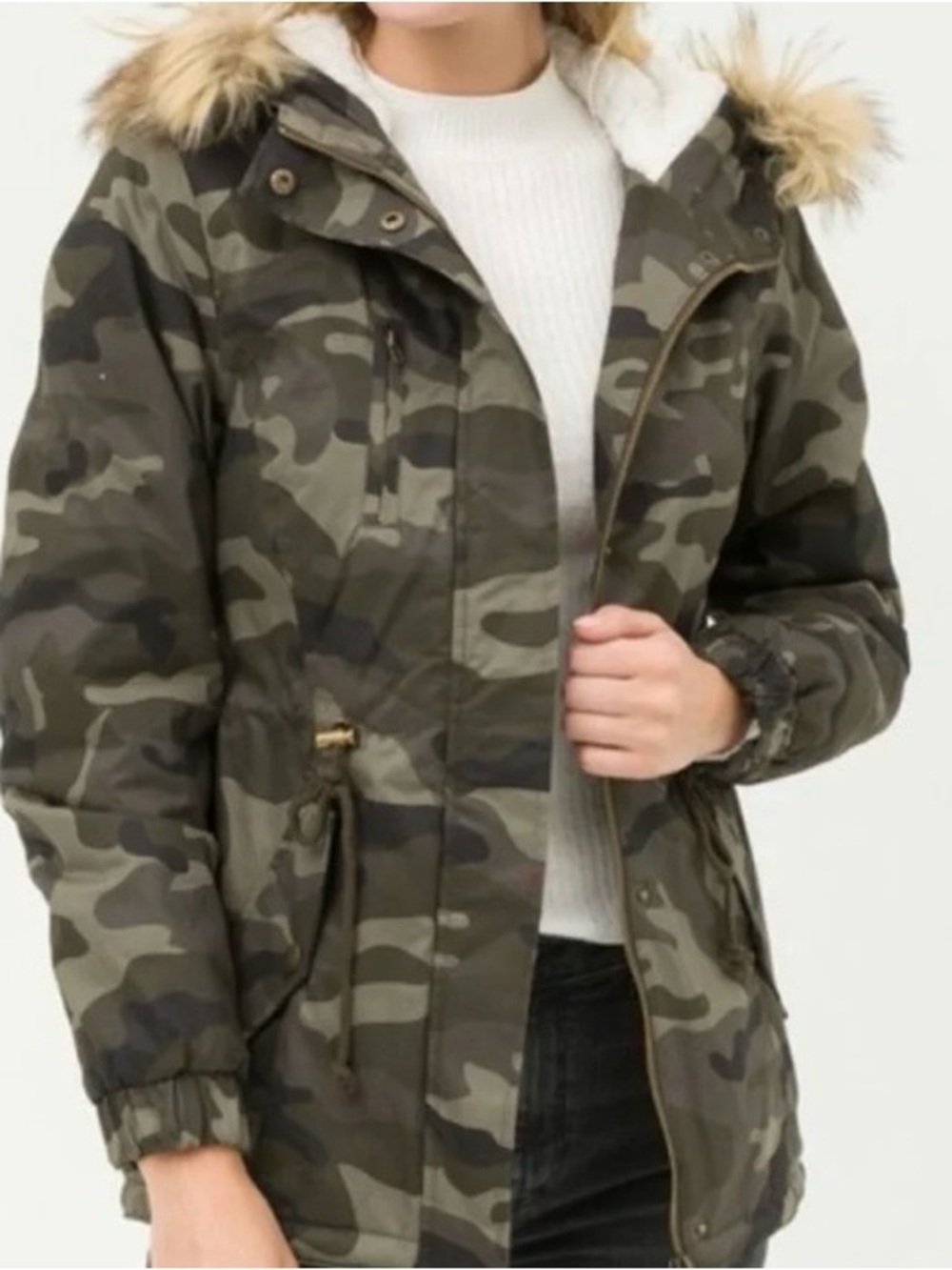 Love Tree Olive Camo Faux Fur Trim Utility Parka